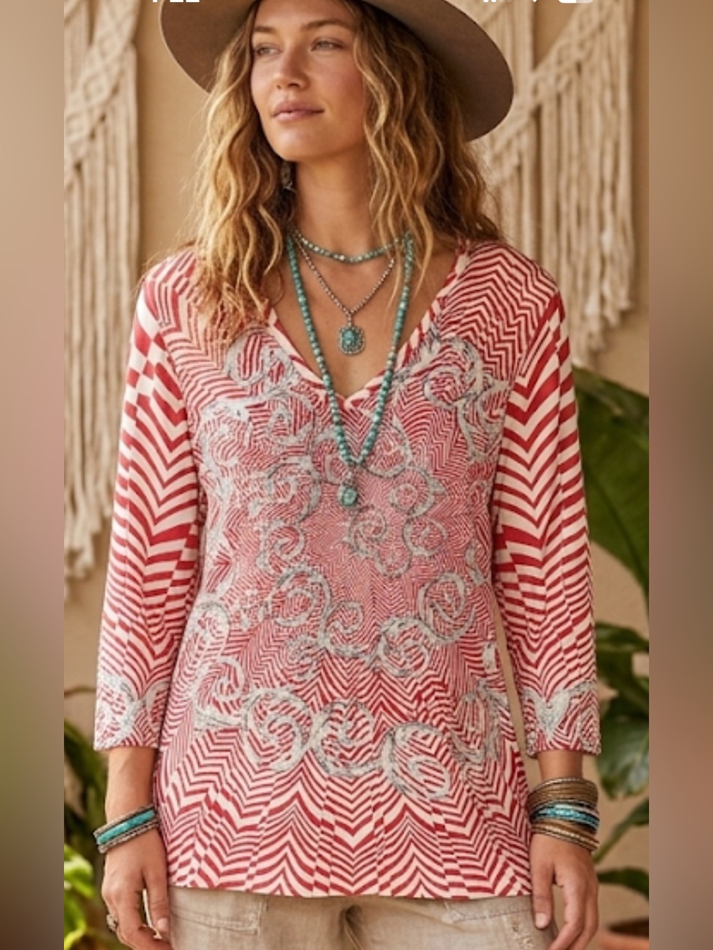 J.McLaughlin Red White Gray Patterned V-Neck Top Large